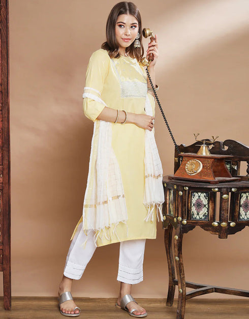 Party Wear Readymade Cotton Blend Kurta Suit Yellow Cotton Blend Pant Straight Back View