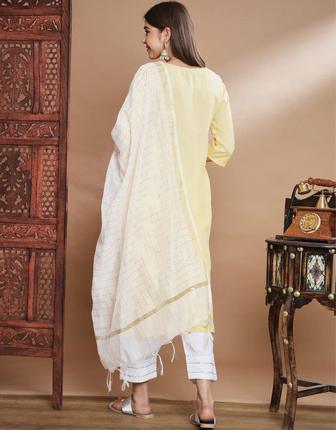 Party Wear Readymade Cotton Blend Kurta Suit Yellow Cotton Blend Pant Straight Side View