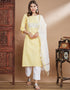 Party Wear Readymade Cotton Blend Kurta Suit Yellow Cotton Blend Pant Straight Front View