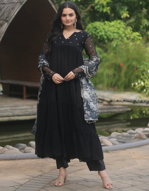 Traditional Party Wear Heavy Faux Blooming Readymade Suit Black Faux Blooming Pant Anarkali Close-up View