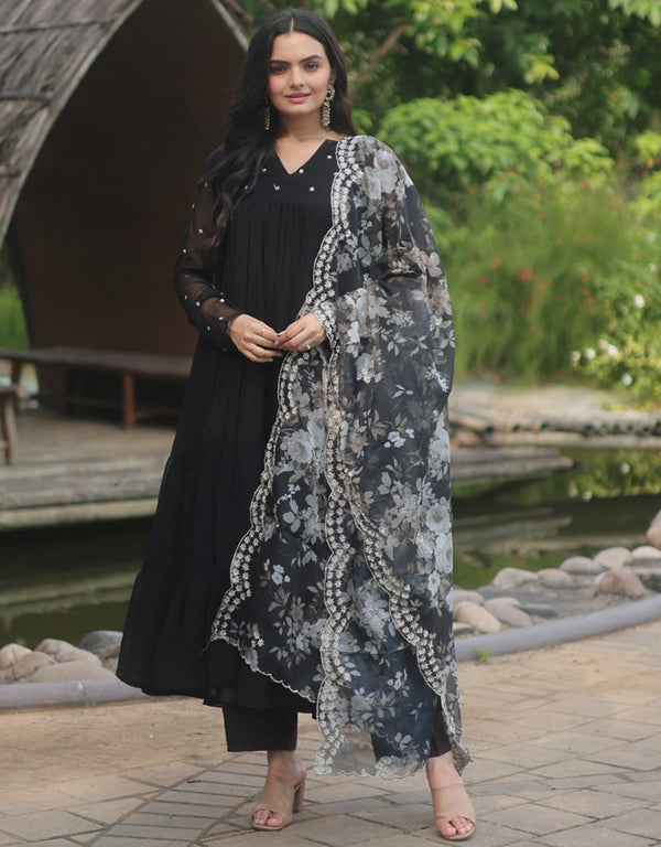 Traditional Party Wear Heavy Faux Blooming Readymade Suit Black Faux Blooming Pant Anarkali Front View