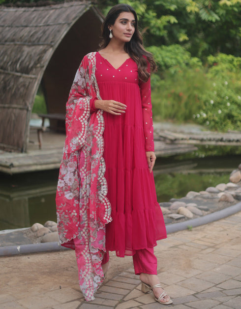 Traditional Party Wear Heavy Faux Blooming Readymade Suit Rani Faux Blooming Pant Anarkali Close-up View