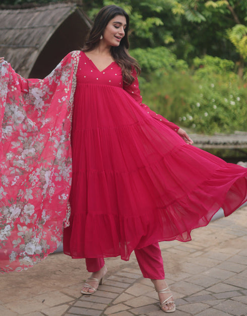 Traditional Party Wear Heavy Faux Blooming Readymade Suit Rani Faux Blooming Pant Anarkali Back View