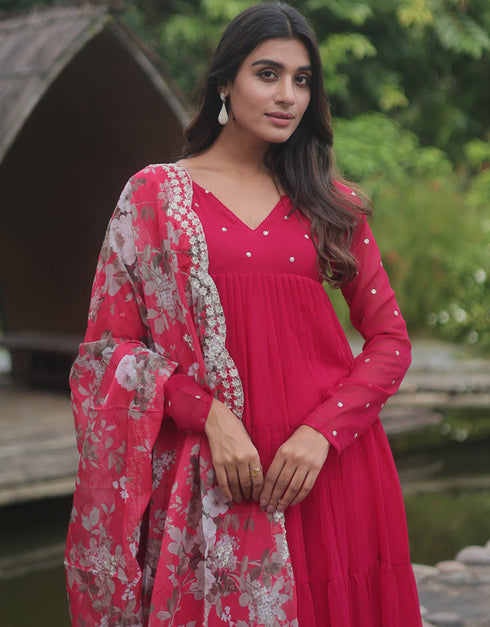 Traditional Party Wear Heavy Faux Blooming Readymade Suit Rani Faux Blooming Pant Anarkali Side View