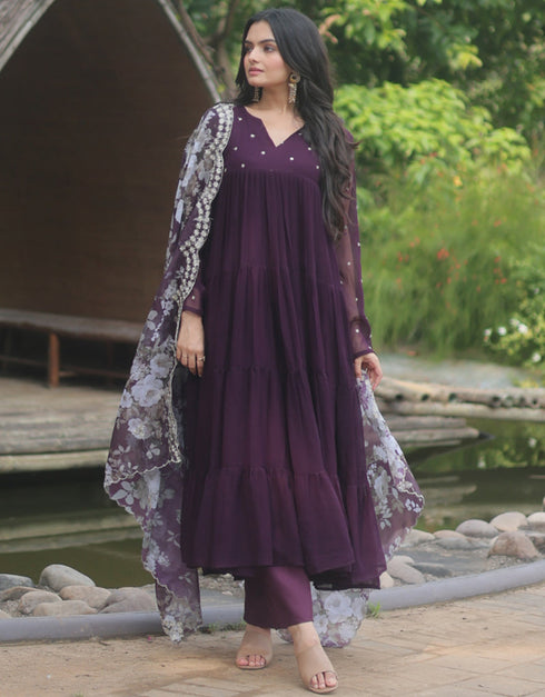 Traditional Party Wear Heavy Faux Blooming Readymade Suit Wine Faux Blooming Pant Anarkali Close-up View
