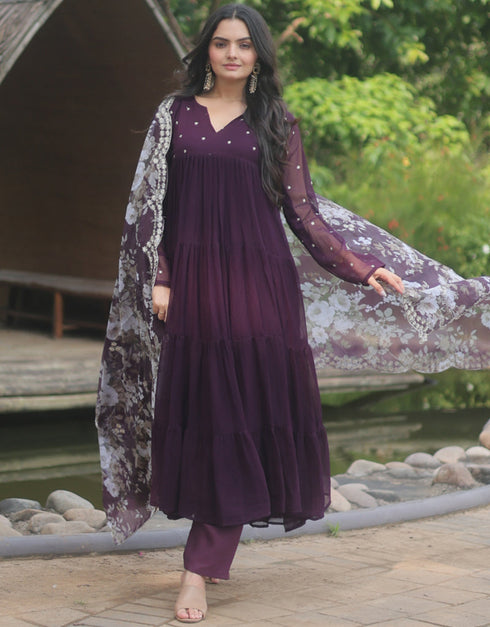 Traditional Party Wear Heavy Faux Blooming Readymade Suit Wine Faux Blooming Pant Anarkali Back View