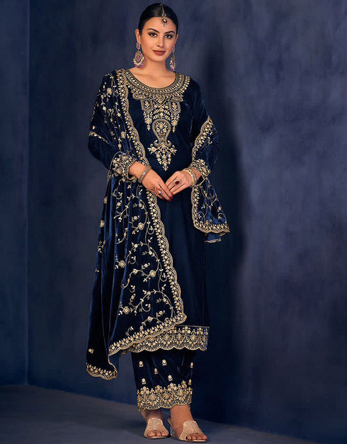 Traditional Party Wear Designer Heavy Velvet Salwar Suit Blue Velvet Pant Straight Front View
