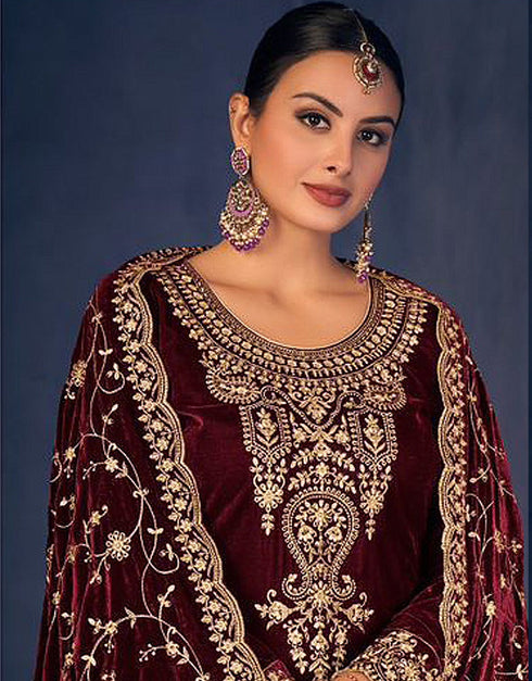 Traditional Party Wear Designer Heavy Velvet Salwar Suit Maroon Velvet Pant Straight Close-up View