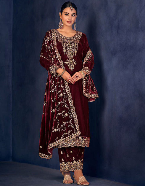Traditional Party Wear Designer Heavy Velvet Salwar Suit Maroon Velvet Pant Straight Front View