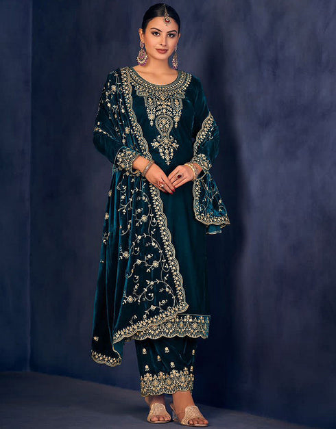 Traditional Party Wear Designer Heavy Velvet Salwar Suit Rama Velvet Pant Straight Front View