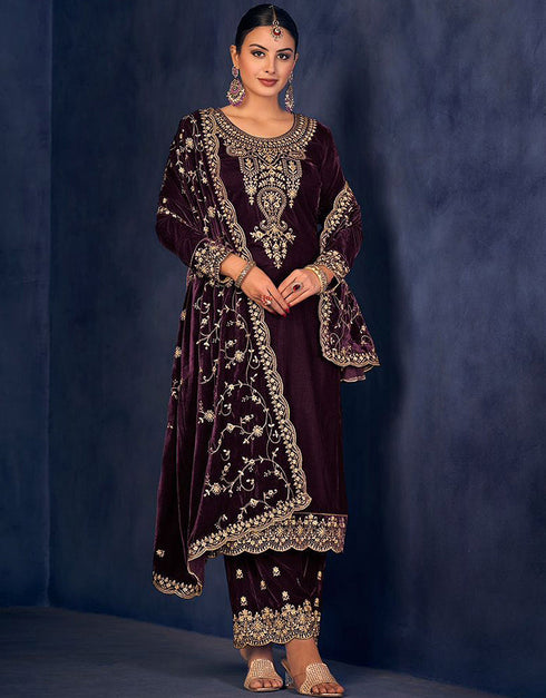 Traditional Party Wear Designer Heavy Velvet Salwar Suit Purple Velvet Pant Straight Front View