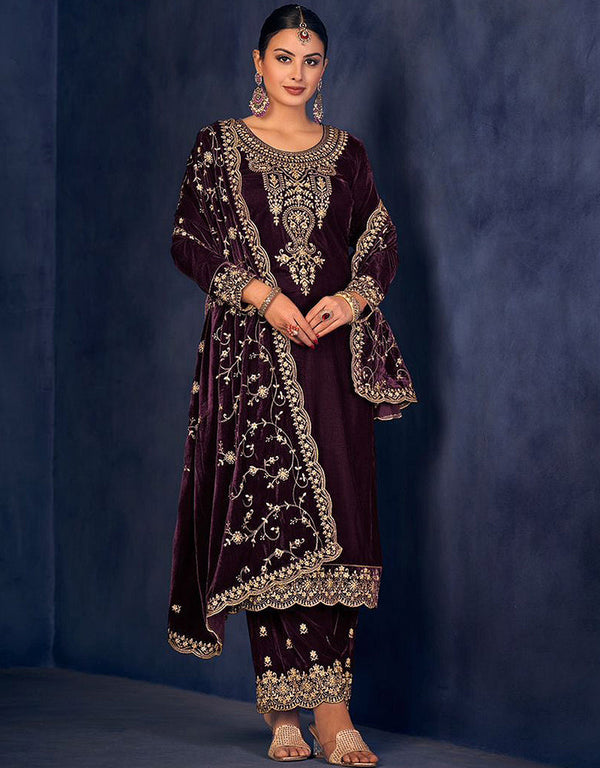 Traditional Party Wear Designer Heavy Velvet Salwar Suit Purple Velvet Pant Straight Front View