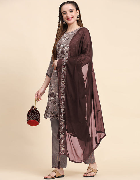 Traditional Party Wear Pakistani Salwar Suit Brown Faux Georgette Pant Straight Close-up View
