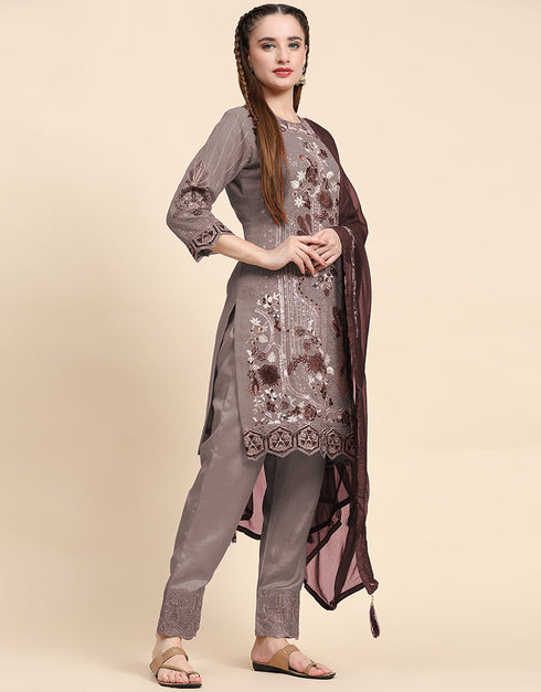 Traditional Party Wear Pakistani Salwar Suit Brown Faux Georgette Pant Straight Back View