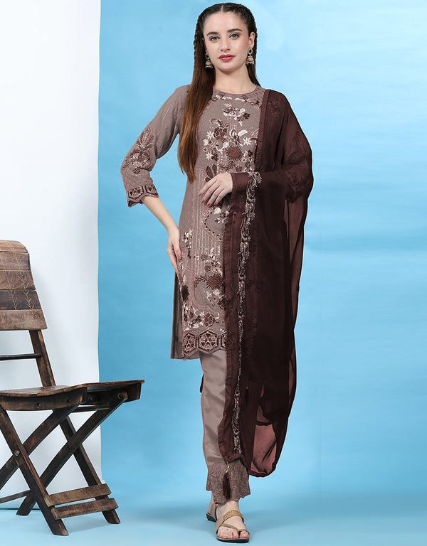 Traditional Party Wear Pakistani Salwar Suit Brown Faux Georgette Pant Straight Front View