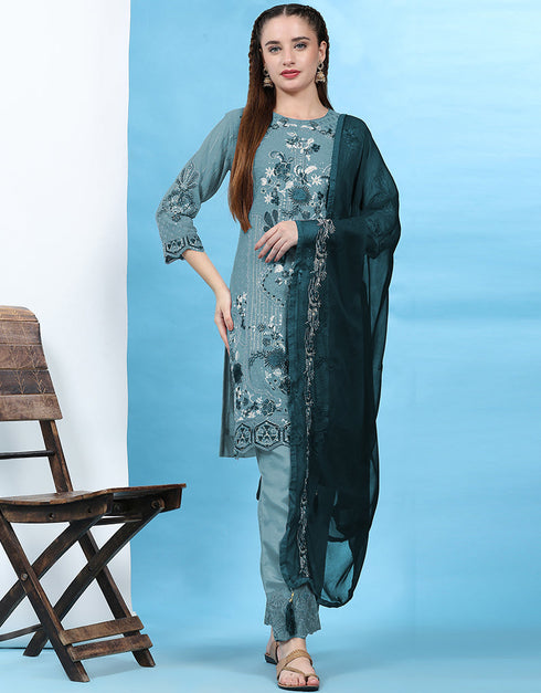 Traditional Party Wear Pakistani Salwar Suit Sky Faux Georgette Pant Straight Front View