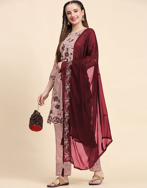 Traditional Party Wear Pakistani Salwar Suit Beige Faux Georgette Pant Straight Close-up View