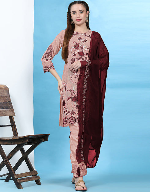 Traditional Party Wear Pakistani Salwar Suit Beige Faux Georgette Pant Straight Front View