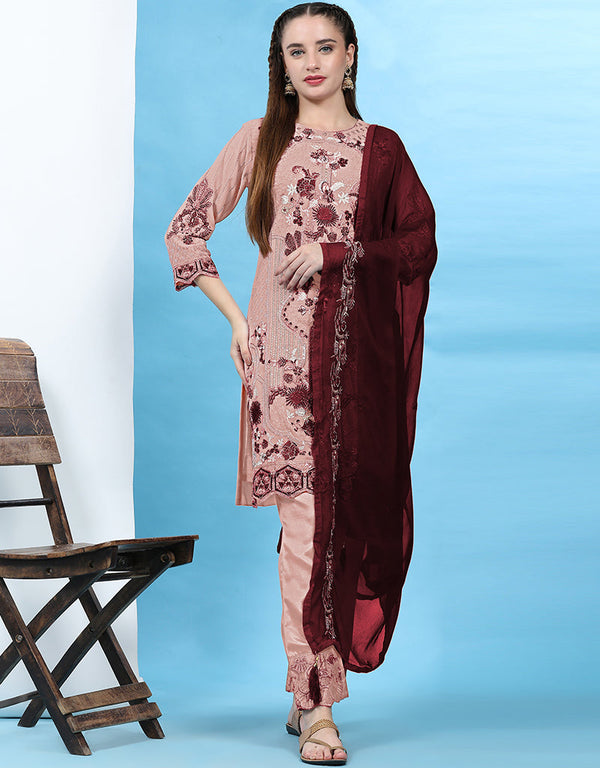 Traditional Party Wear Pakistani Salwar Suit Beige Faux Georgette Pant Straight Front View