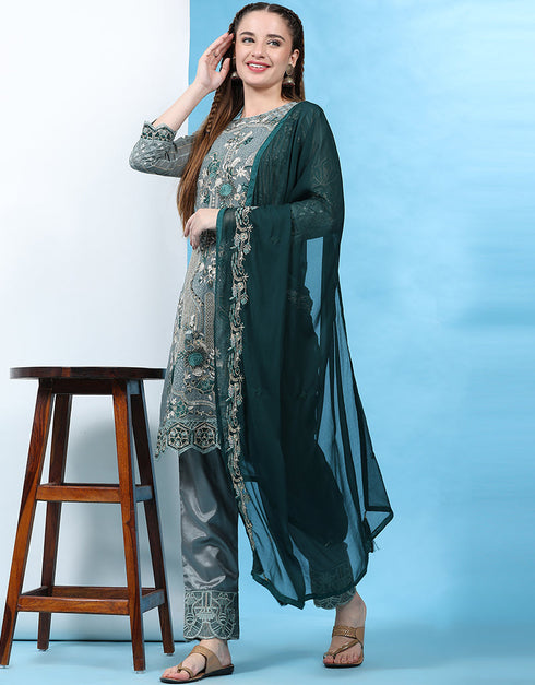 Traditional Party Wear Pakistani Salwar Suit Green Faux Georgette Pant Straight Front View