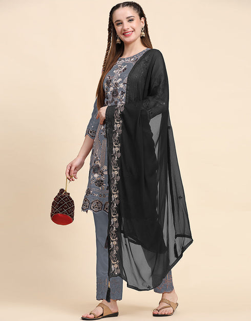 Traditional Party Wear Pakistani Salwar Suit Grey Faux Georgette Pant Straight Close-up View