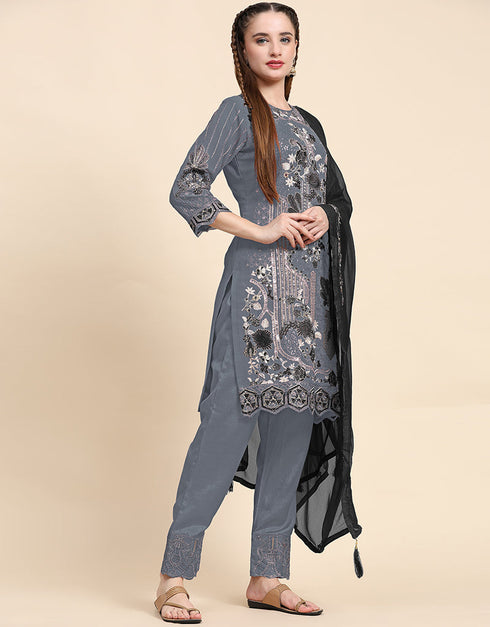 Traditional Party Wear Pakistani Salwar Suit Grey Faux Georgette Pant Straight Back View