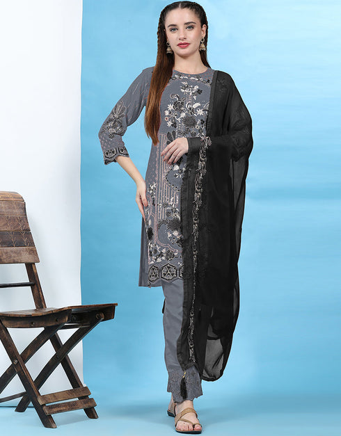Traditional Party Wear Pakistani Salwar Suit Grey Faux Georgette Pant Straight Front View
