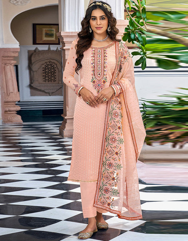 Traditional Party Wear Faux Georgette Salwar Suit Peach Faux Georgette Pant Straight Front View