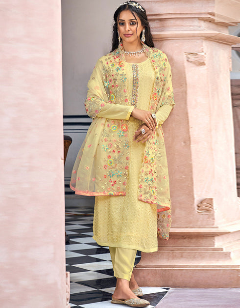 Traditional Party Wear Faux Georgette Salwar Suit Lemon Faux Georgette Pant Straight Front View