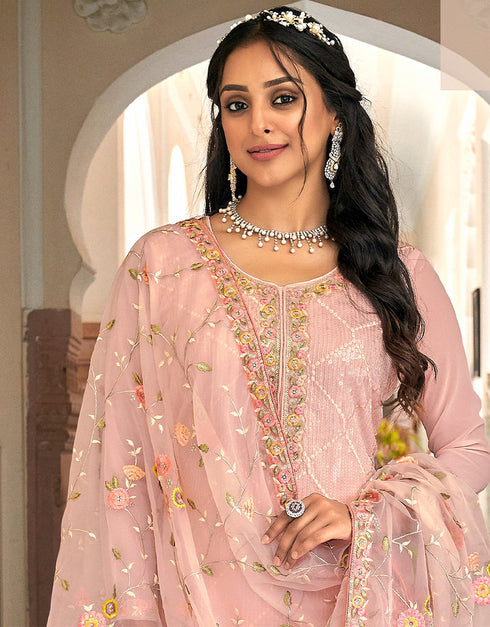 Traditional Party Wear Faux Georgette Salwar Suit Pink Faux Georgette Pant Straight Close-up View