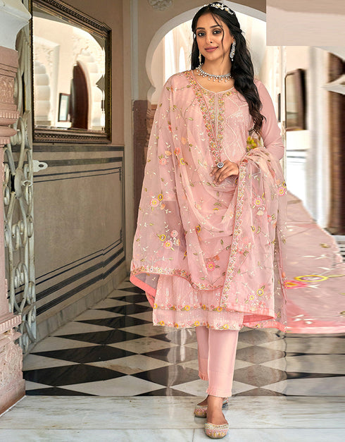 Traditional Party Wear Faux Georgette Salwar Suit Pink Faux Georgette Pant Straight Front View