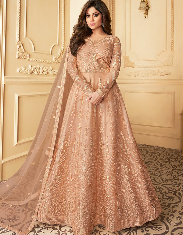 Light Orange Heavy Butterfly Net Suit Anarkali