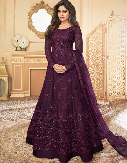 Purple Heavy Butterfly Net Suit Anarkali