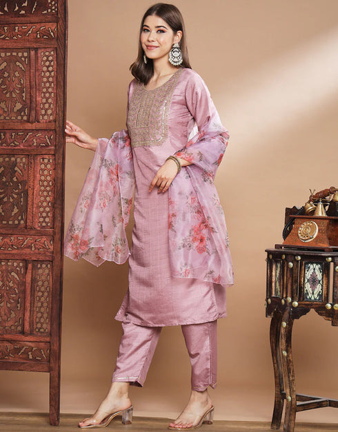Designer Party Wear Silk Blend Readymade Suit Pink Silk Blend Pant Straight Close-up View