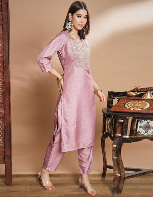 Designer Party Wear Silk Blend Readymade Suit Pink Silk Blend Pant Straight Back View