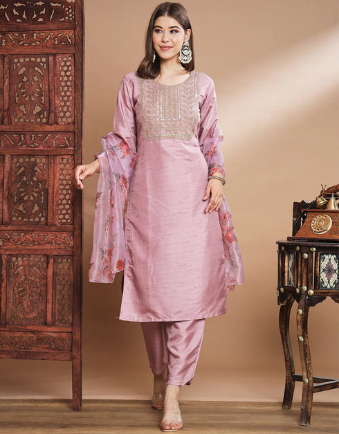 Designer Party Wear Silk Blend Readymade Suit Pink Silk Blend Pant Straight Front View