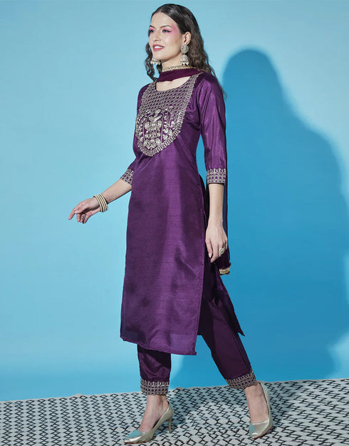Designer Party Wear Silk Blend Readymade Suit Purple Silk Blend Pant Straight Close-up View