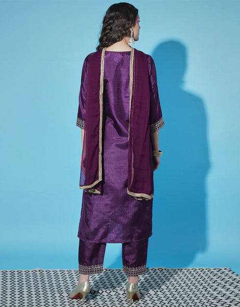 Designer Party Wear Silk Blend Readymade Suit Purple Silk Blend Pant Straight Side View