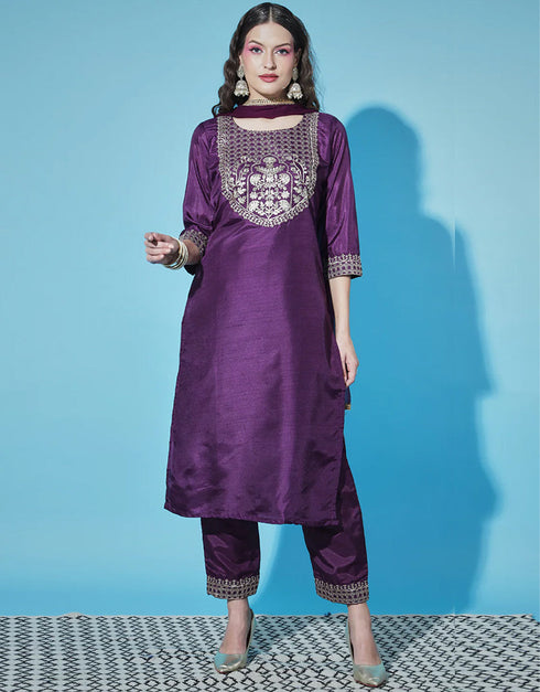 Designer Party Wear Silk Blend Readymade Suit Purple Silk Blend Pant Straight Front View