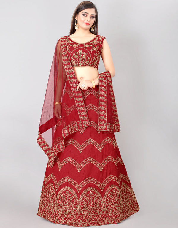 Designer Party Wear Silk Blend Lehenga Choli Collection Red Silk Blend Lehenga Choli Front View