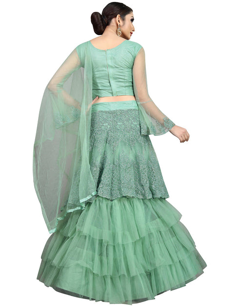 Designer Party Wear Nylon Net Lehenga Choli Collection Sea Green Nylon Net Lehenga Choli Close-up View