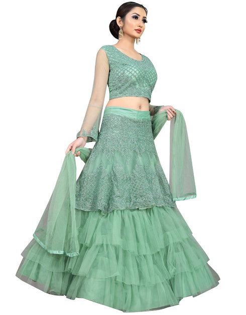 Designer Party Wear Nylon Net Lehenga Choli Collection Sea Green Nylon Net Lehenga Choli Back View