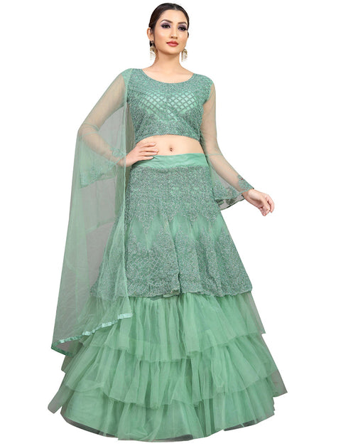 Designer Party Wear Nylon Net Lehenga Choli Collection Sea Green Nylon Net Lehenga Choli Front View