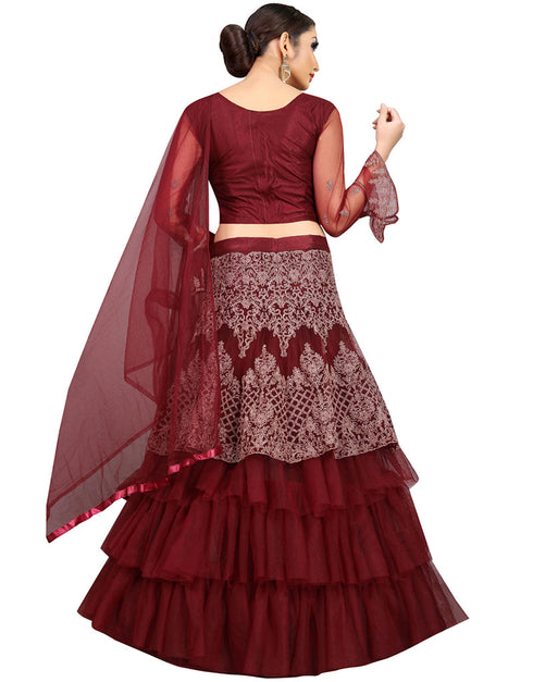 Designer Party Wear Nylon Net Lehenga Choli Collection Wine Nylon Net Lehenga Choli Close-up View