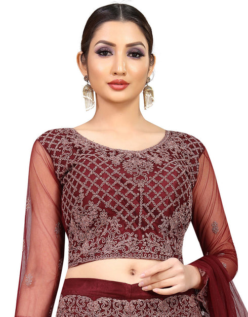 Designer Party Wear Nylon Net Lehenga Choli Collection Wine Nylon Net Lehenga Choli Front View