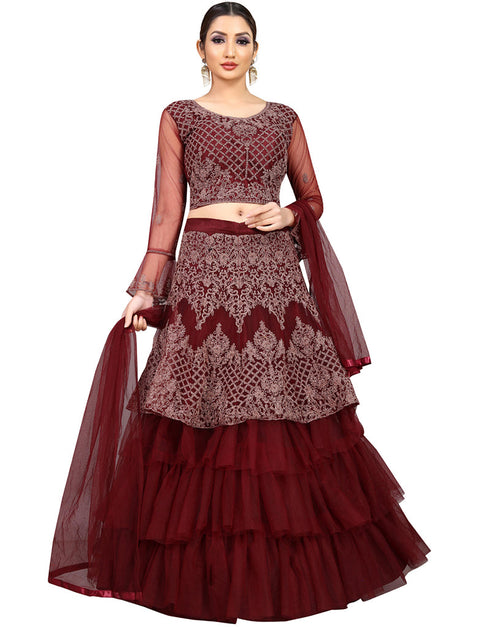 Designer Party Wear Nylon Net Lehenga Choli Collection Wine Nylon Net Lehenga Choli Front View
