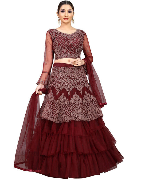 Designer Party Wear Nylon Net Lehenga Choli Collection Wine Nylon Net Lehenga Choli Front View