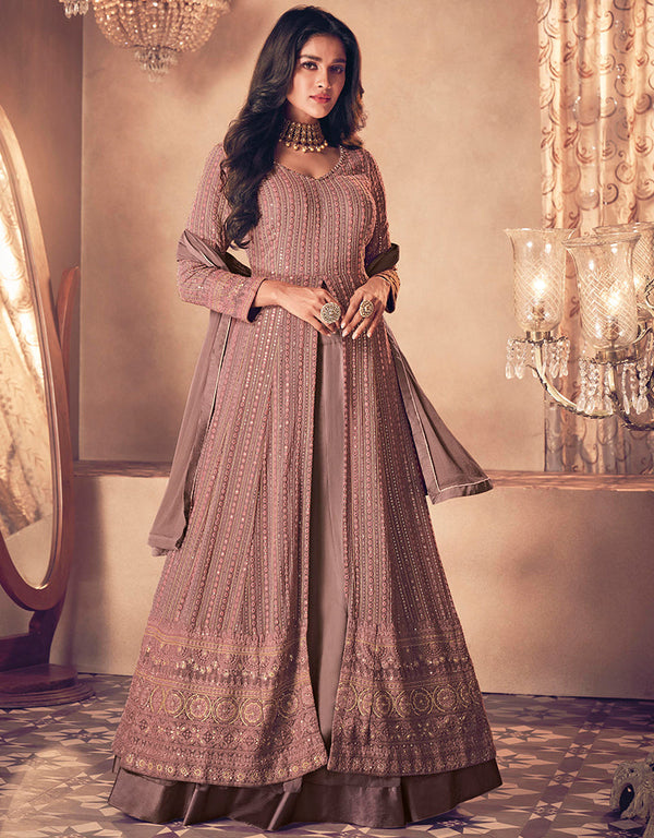 Designer Party Wear Heavy Anarakali Suit Collection Light Brown Real Georgette Pant Anarkali Front View
