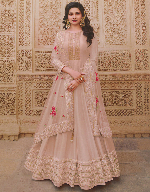 Designer Party Wear Heavy Anarakali Suit Collection Peach Andcream Dola Silk Pant Anarkali Front View