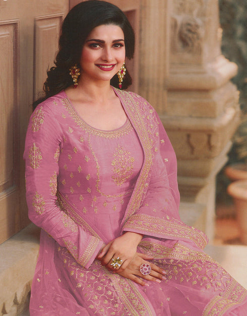 Designer Party Wear Heavy Anarakali Suit Collection Light Pink Dola Silk Pant Anarkali Close-up View